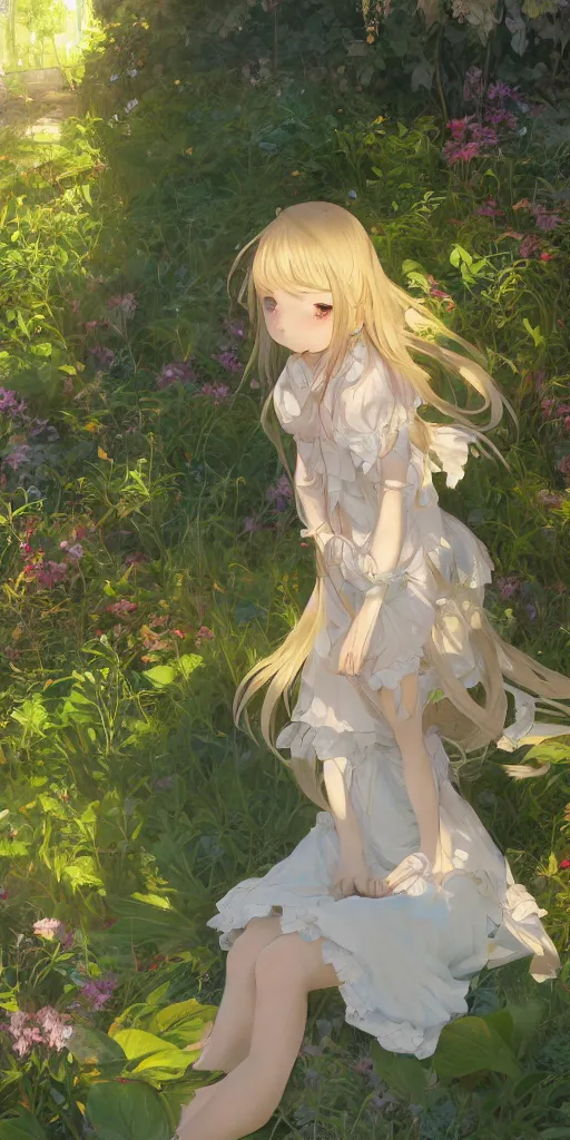 Image similar to a digital art full of atmosphere of a loli with long hair in a dress in the privet garden at after noon, green and warm theme, low angle, back lighting, highly detailed, 4 k resolution, trending on art station, by krenz cushart and mucha and akihito yoshida and greg rutkowski and makoto shinkai