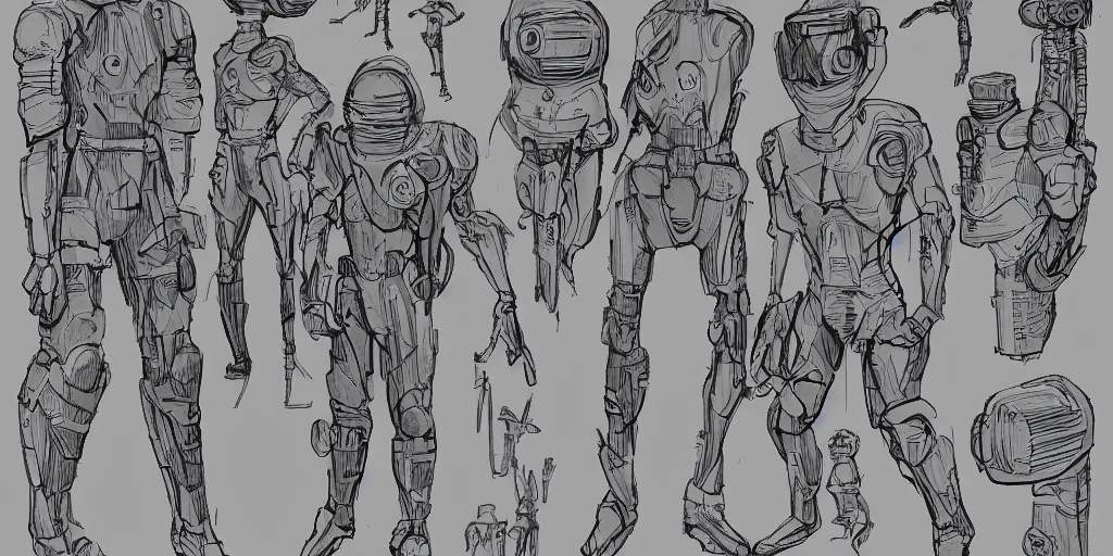 Image similar to male, fully body, elongated figure, science fiction space suit with a helmet, large shoulders, short torso, long thin legs, tiny feet, character sheet, funko, digital sketch, hyperdetailed, dieselpunk, stylized character design, concept design, in the style of mike mignola