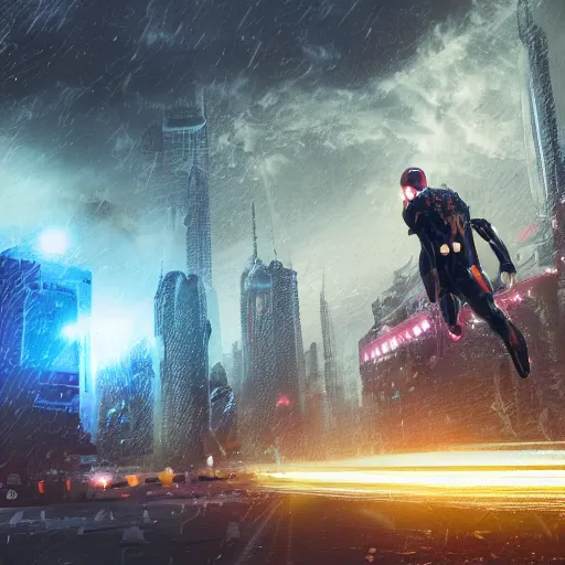 Image similar to a hyperdetailed photograph of iron man flying through the skies of a cyberpunk, futuristic city, night, dense fog, rain, hd, 8 k resolution