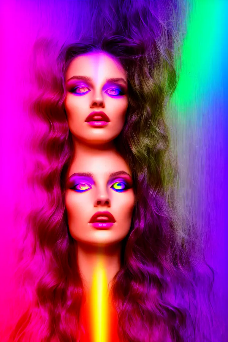 Image similar to goldenhour selfie photo of a stunningly beautiful model with large symmetrical violet eyes and flowing iridescent hair, rainbow light spectrum caustics and shadows cast by the blinds