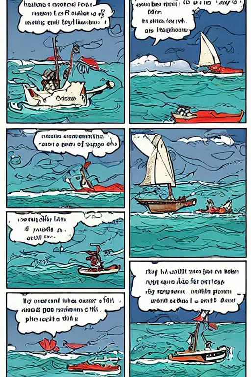 Prompt: Comic strip about sailing on a rough ocean