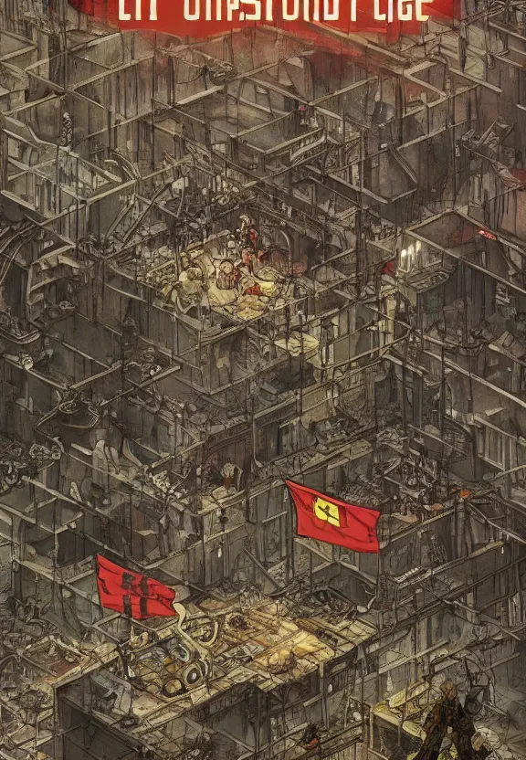 Image similar to [Underground colony with checkered flags, rust and brutalist buildings and little mushrooms. Propaganda poster, intricate, elegant, highly detailed, digital painting, artstation, concept art, matte, sharp focus, illustration, art by Enki Bilal and Moebius]