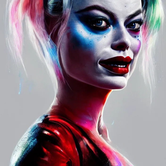 Image similar to portrait of Margot Robbie as a harley quinn. intricate abstract. intricate artwork. nightmare fuel. by Tooth Wu, wlop, beeple, dan mumford. octane render, trending on artstation, greg rutkowski very coherent symmetrical artwork. cinematic, hyper realism, high detail, octane render, 8k, iridescent accents