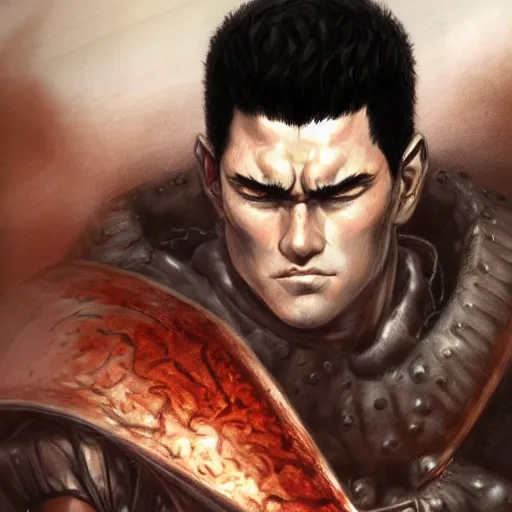 Image similar to realistic portrait of guts from berserk extremely detailed, made by wlop and maxwell boas