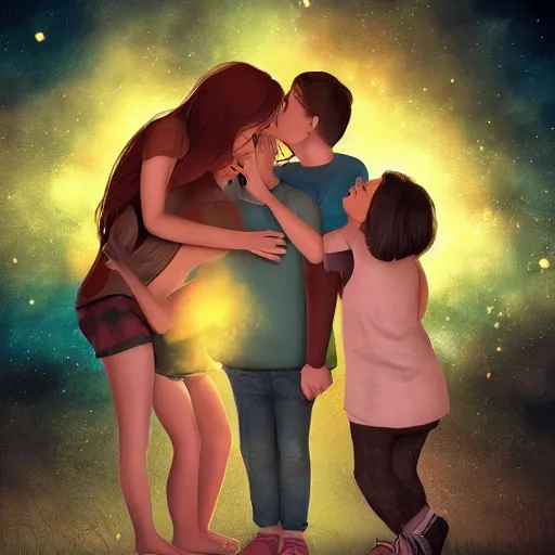 Image similar to a family hugging each other for the last time as the world is ending, meteors are falling from the sky, everything is on fire, dramatic lighting, digital art, very very very very very very beautiful, 8 k, dark lighting, trending on artstation, award winning