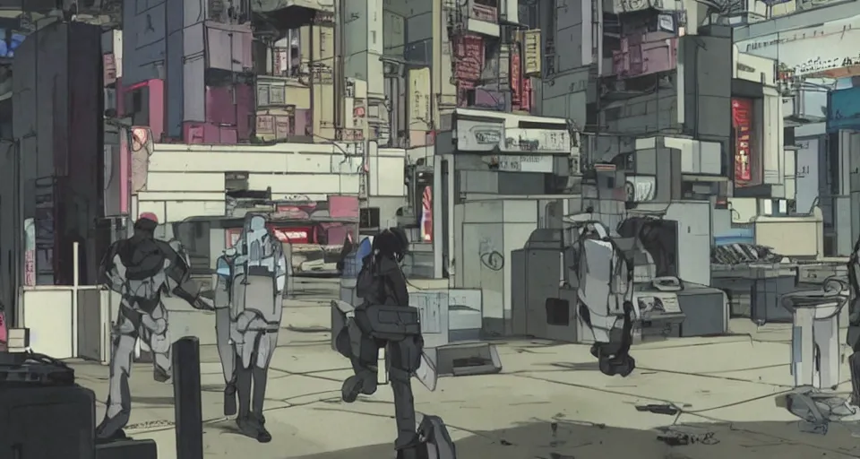 Image similar to Scene within the location called 'Public security section 9'. Cyber anti-crime background environment. Screenshot from an episode of the anime 'Ghost in the shell: Stand Alone Complex' (2003). Produced by 'Production I.G'. Original manga by Masamune Shirow. Art direction by Kazuki Higashiji and Yuusuke Takeda.