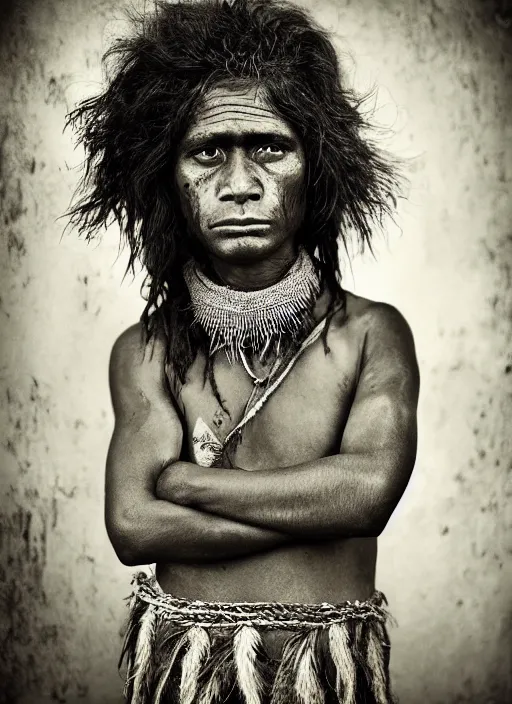 Image similar to Award winning Editorial photo of a Native Nauruans with incredible hair and beautiful hyper-detailed eyes wearing traditional garb by Lee Jeffries, 85mm ND 5, perfect lighting, gelatin silver process