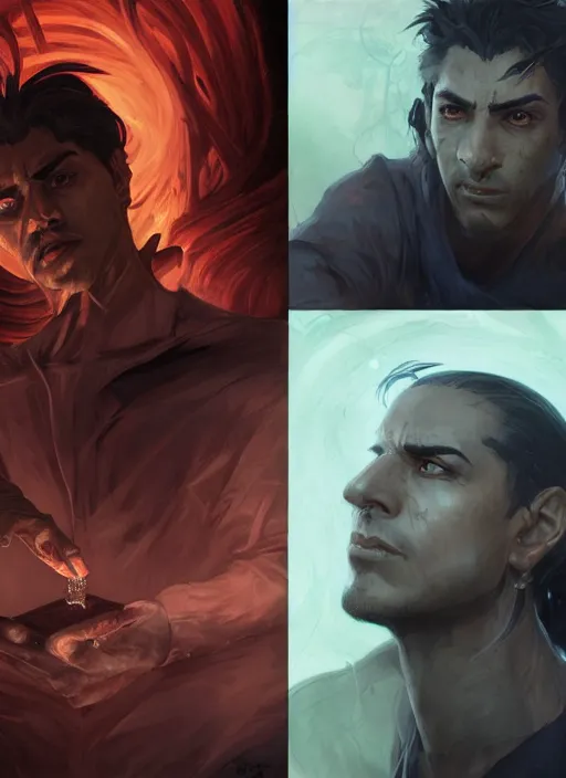 Image similar to character concept portrait of a handsome young twisted dark hispanic wizard with olive skin and glowing eyes casting a reanimation spell, a floating iridescent spell book in the center, intricate, elegant, digital painting, concept art, smooth, sharp focus, illustration, from Metal Gear, by Ruan Jia and Mandy Jurgens and William-Adolphe Bouguereau, Artgerm