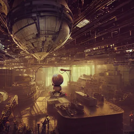 Image similar to a giant mickey mouse head, factory floor, surrounded by factory workers, octane render, cgstation, 3 d render, very detailed, mindblowing, blood and guts, gritty, cyberpunk, cinematic lighting, hyper realism