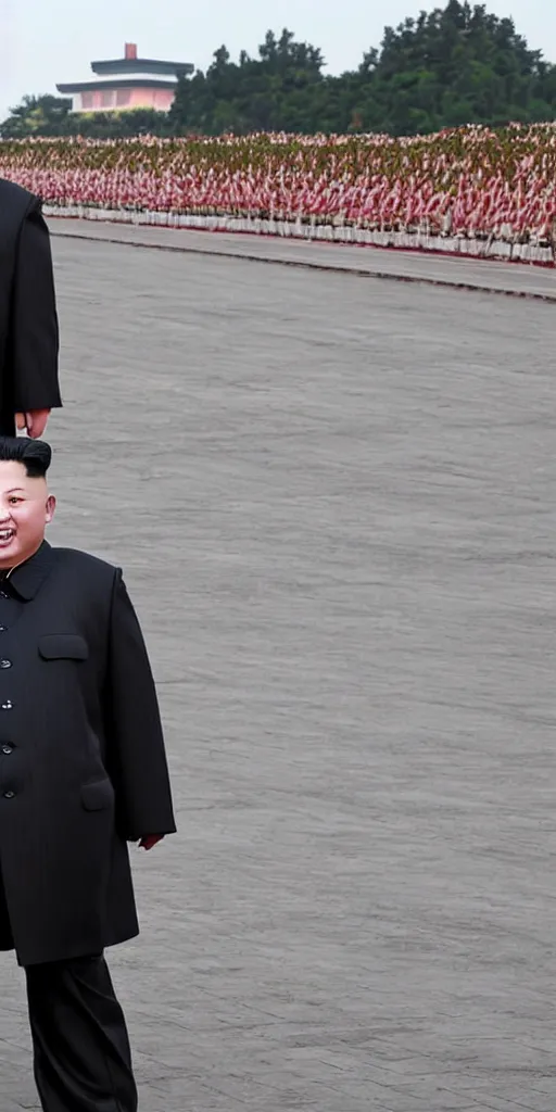 Prompt: photo of kim jong un with freakishly long legs