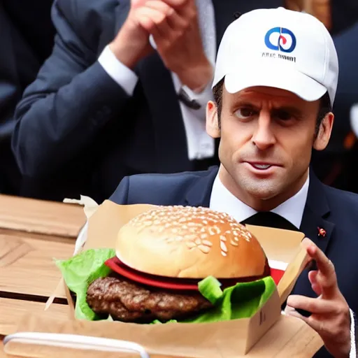 Prompt: emmanuel macron eating burger