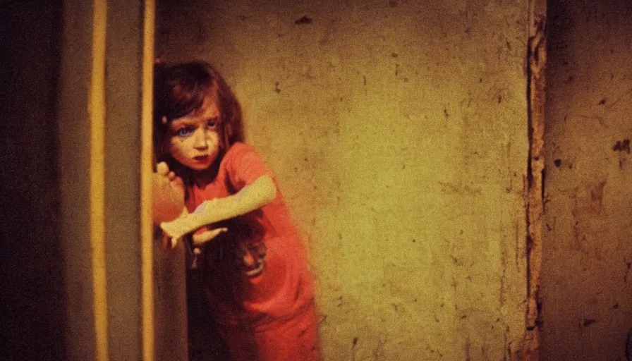 Image similar to 7 0 s film still from a horror movie about a child trapped in a basement, kodachrome, cinecolor, cinestill, film grain, film texture, retro, cinematic, high resolution, photorealism,