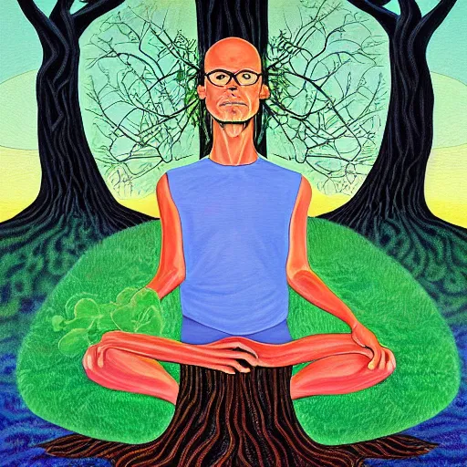 Prompt: A painting of mr mackey from south park meditating under a tree designed by flooko, alex grey,