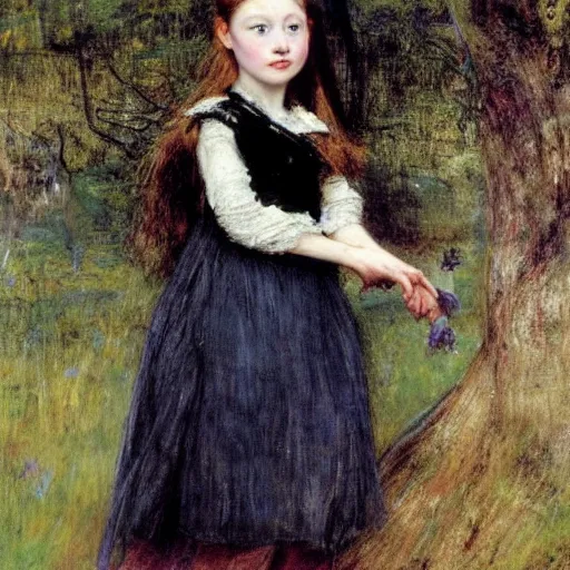 Image similar to a true-to-life portrait of Mackenzie Foy painted by John Everett Millais