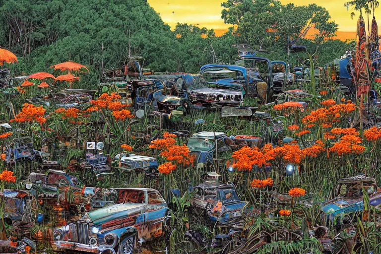 Image similar to super - detailed scene twilight junkyard, louisiana swamps, orange blooming flowers garden, 8 k, 8 0 s japanese sci - fi books art, artwork by jean giraud