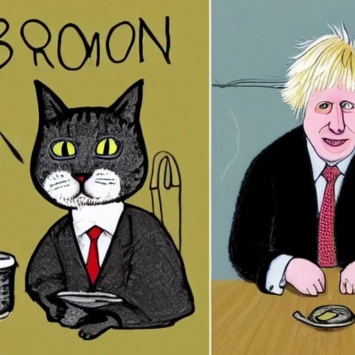 Prompt: boris johnson cartoonized. hyperrealistic. cartoonized cat. they have a romantic dinner. folk horror. gothic