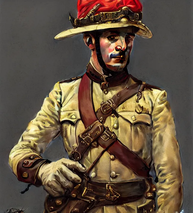 Image similar to portrait of a man wearing a traditional nineteenth century french foreign legion uniform, kepi hat, metal shoulder pauldrons, intricate, highly detailed, digital painting, artstation, concept art, sharp focus, cinematic lighting, illustration, art by artgerm and greg rutkowski, alphonse mucha, cgsociety