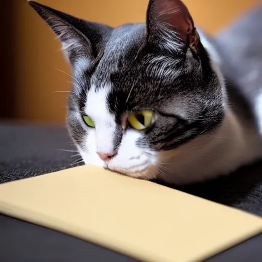 Prompt: a photo of a cat writing the word meow on a notepad