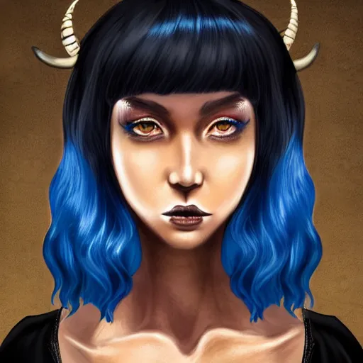 Image similar to illustrated realistic portrait of ram-horned devil woman with blue bob hairstyle and her tan colored skin and with solid black eyes wearing leather by rossdraws