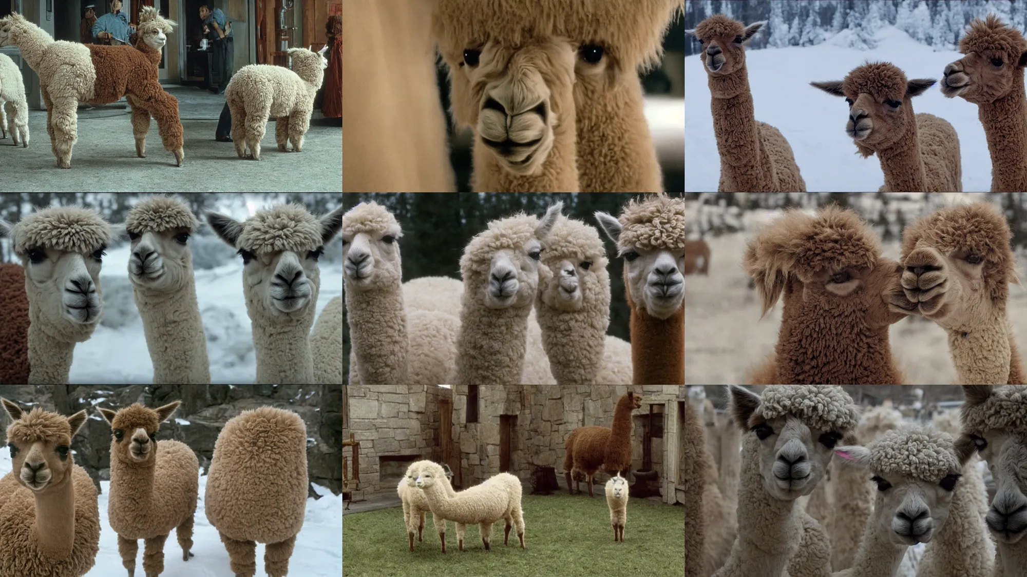 Prompt: still frame of alpaca in the movie the shinning