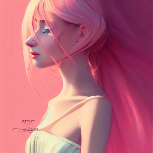 Image similar to young female in summer dress art, pastel light pink long hair, muted colors, matte print, pastel colors, ornate, digital art, digital painting, fan art, elegant, artstation, head is centered, by Ilya Kuvshinov