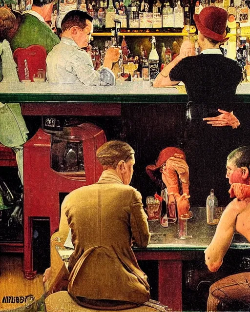 Prompt: crowd of people in a bar in the style of Norman Rockwell and Francis Bacon and Edward Hopper. Strange interior living room with lots of people, surreal