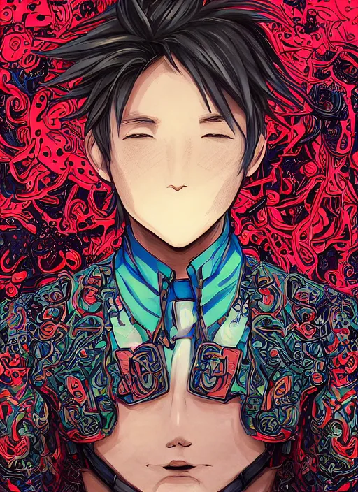 Image similar to portrait of happy anime boy, an ultrafine detailed illustration by james jean, intricate linework, bright colors, final fantasy, behance contest winner, vanitas, angular, altermodern, unreal engine 5 highly rendered, global illumination, radiant light, detailed and intricate environment