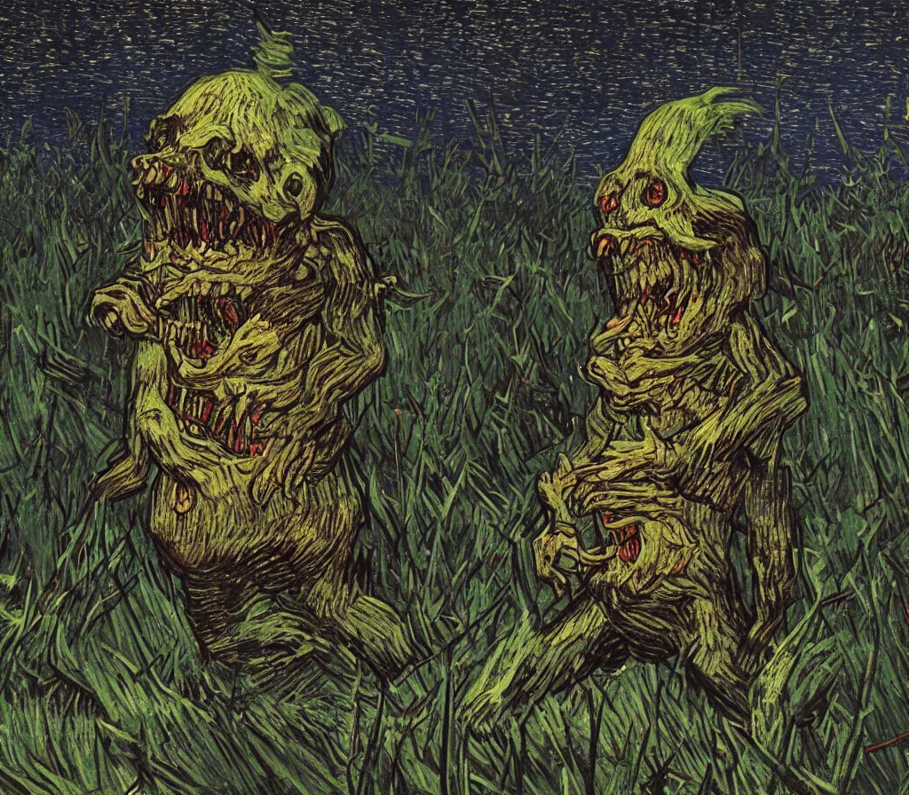 Prompt: a terrifying stawbery monster with sharp teeth in a glowing swamp in the style of van gogh, heavenly, pastel, cute, dark, scary, eerie, trending on artstation, digital art.