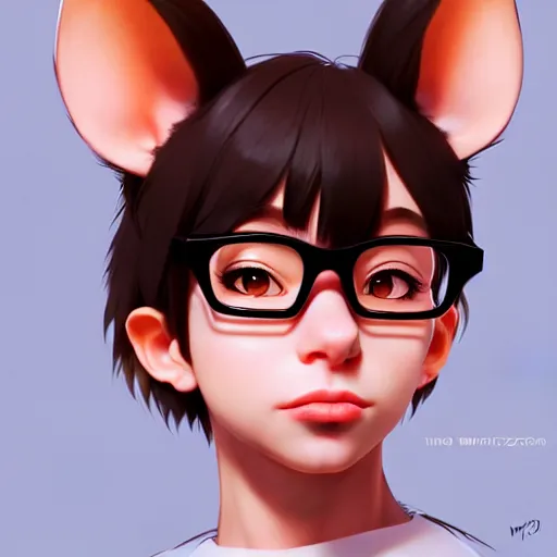 Prompt: character design portrait of an anthropomorphic furry rat girl with rat ears, wearing medium - sized glasses, eyelids half closed, slight smile, profile perspective view from the side, concept art, by wlop, ilya kuvshinov, artgerm, krenz cushart, rutkowski, trending on pixiv.