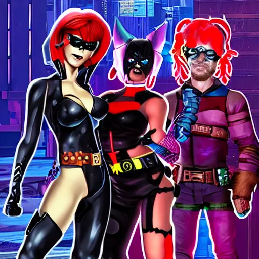 Image similar to cyberpunk Batman, Harley Quinn, Velma, and Shaggy in a platform fighting game