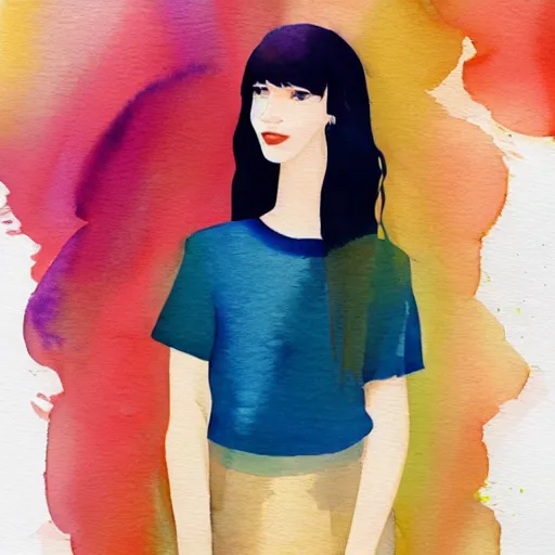 Image similar to a room full of beautiful house plants and a pretty caucasian woman with pale skin, long black hair with bangs, wearing shorts and t shirt, walking happily, abstract, golden light, beautiful watercolor art trending on artstation