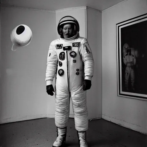 Prompt: portrait of a soviet astronaut in the empty room, black & white photo by annie leibovitz