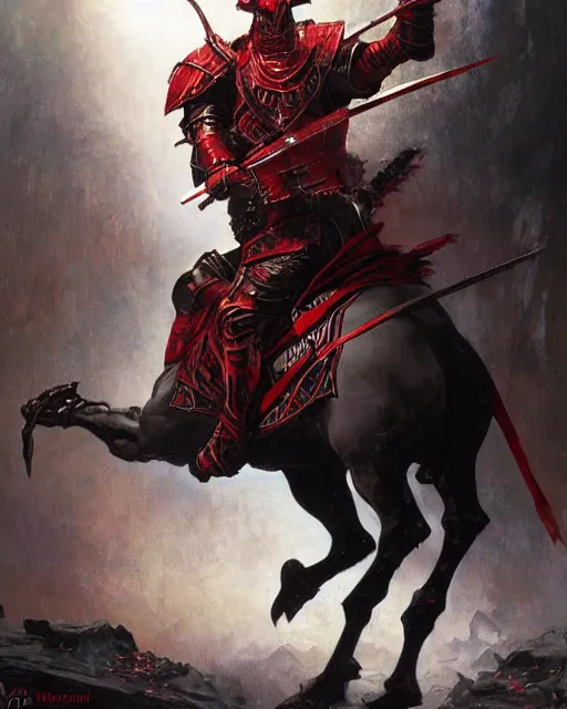 Prompt: a knight in black and red armor with glowing red eyes on horseback, intricate, highly detailed, artstation, concept art, dynamic lighting, illustration, sharp focus, Magic the Gathering art, art by ralph horsley, greg rutkowski, alphonse mucha