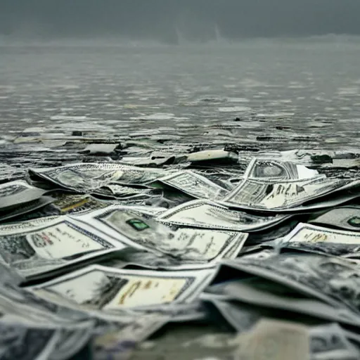 Image similar to a picture of a wet pile of money, in the ocean, there is rain