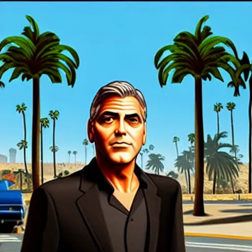 Image similar to george clooney in gta v. los santos in background, palm trees in the art style of stephen bliss