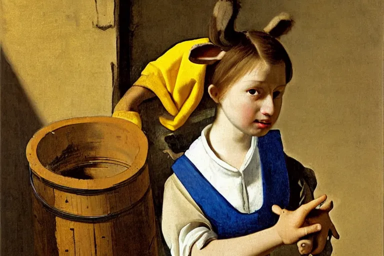 Image similar to girl with brown hair, short horns, long animal ears, a yellow t - shirt and blue overalls, wearing a barrel in a medieval marketplace, baroque, art by johannes vermeer