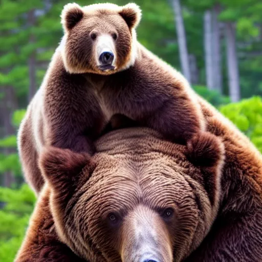 Image similar to a photo of bob ross riding on the back of a brown bear, outdoor, hyperrealistic, shutterstock contest winner, digital art, national geographic photo, stockphoto, majestic