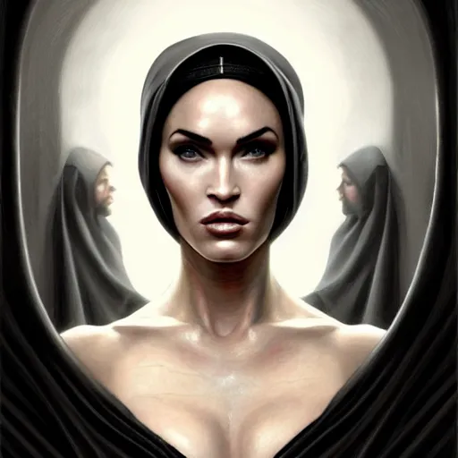 Image similar to portrait of megan fox as a nun, in tight black robe, muscular upper body, collar, greek, jewelry, black dress, fantasy, intricate, elegant, highly detailed, digital painting, artstation, concept art, matte, sharp focus, illustration, art by aenaluck and roberto ferri and greg rutkowski, epic fantasy, digital painting