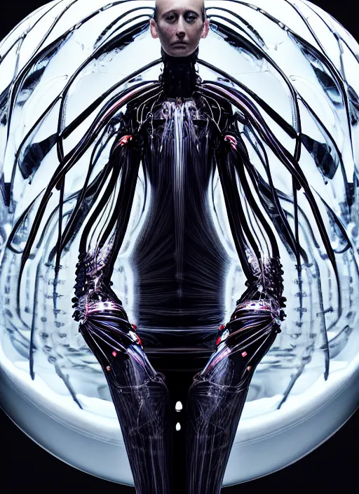 Image similar to background space station, dark inflateble dress iris van herpen positing on floor, elegant helmet instead of a head, perfect symmetrical, full body shot, inflateble shapes, wires, tubes, veins, jellyfish, white biomechanical details, wearing epic bionic implants, masterpiece, intricate, biopunk, vogue, highly detailed, artstation, concept art
