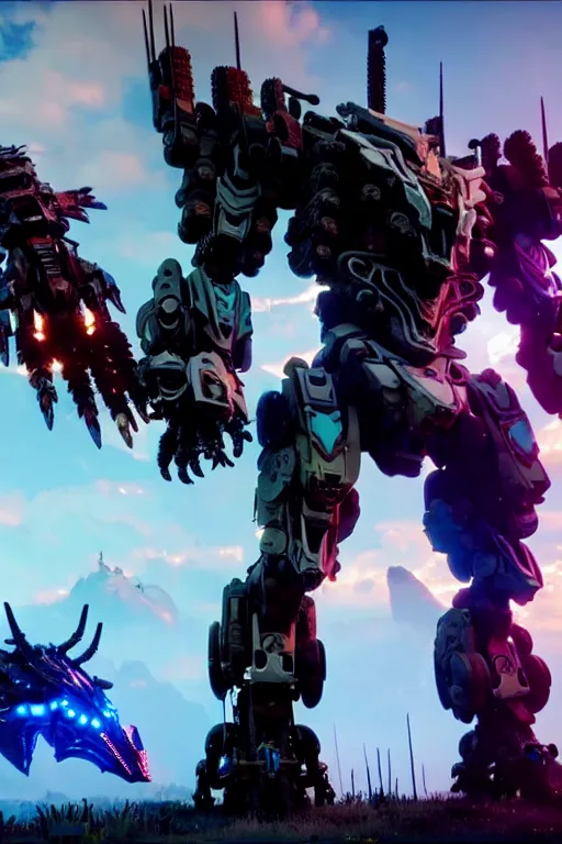 Image similar to a cinematic still from horizon zero dawn and pacific rim and transformers, full body mech, armored core, intact humanoid servo, octane render, nvidia raytracing demo, masterpiece, aged armor plating, decipticon armor plating, aggressive head, endoekeleton exposure