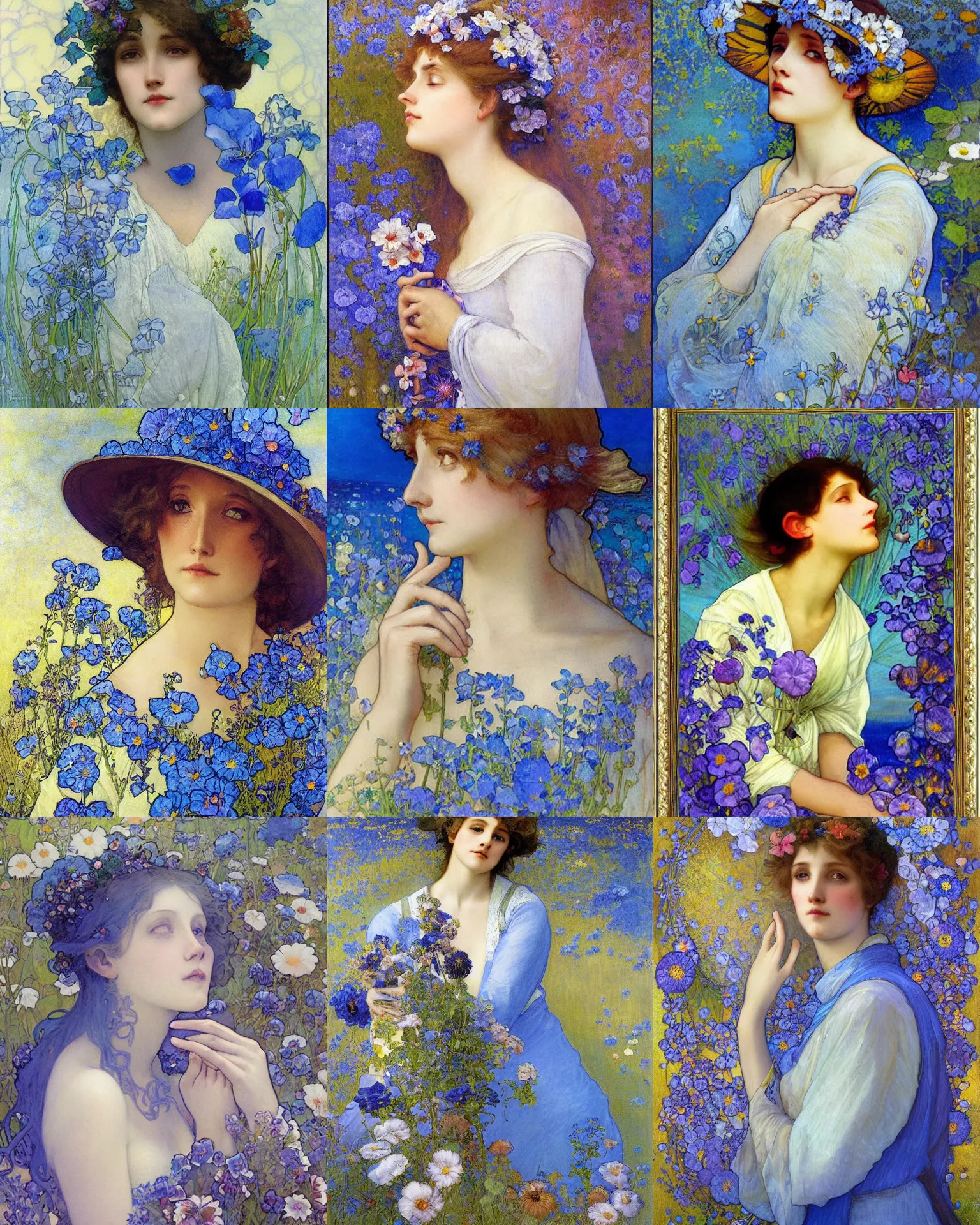 Prompt: portrait of a dreamer, blue petals, summer sky, painting by alphonese mucha