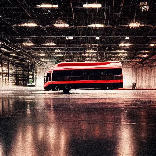 Image similar to 1990s perfect 8K HD professional cinematic photo of a bus in dystopian hangar, at evening during rain, at instagram, Behance, Adobe Lightroom, with instagram filters, depth of field, taken with polaroid kodak portra