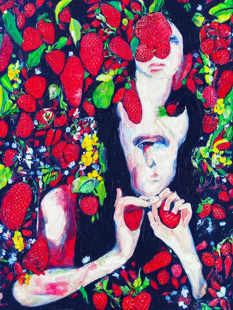 Image similar to “art in an Australian artist’s apartment, portrait of a woman wearing white cotton cloth, eating luscious fresh raspberries and strawberries and blueberries, edible flowers, black background, intricate, bold colour, acrylic and spray paint and oilstick on canvas”
