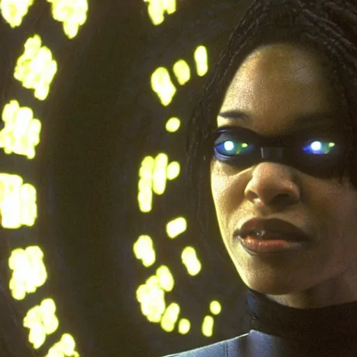 Prompt: Celia Rose Gooding as gender-switched Morpheus in The Matrix, interior of submarine, IMAX film, 1999