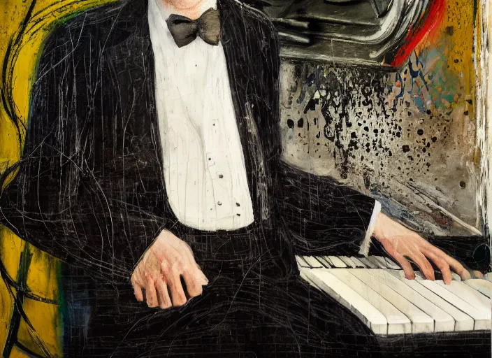 Prompt: portrait of a piano player in suit waiting, vincent lefevre and hernan bas and pat steir and hilma af klint, psychological, photorealistic, dripping paint, washy brush, rendered in octane, altermodern, masterpiece