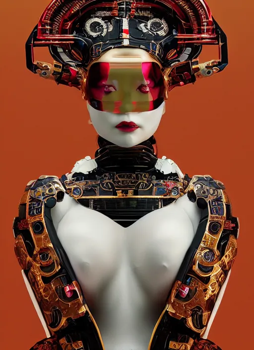 Prompt: portrait of a stylish futuristic geisha cyborg, with a red kimono with japanese golden signs written on it, kintsugi, modern fine art, fractal, intricate, elegant, highly detailed, digital photography, subsurface scattering, in the style of ghost, by yue minjun and greg rutkowski,