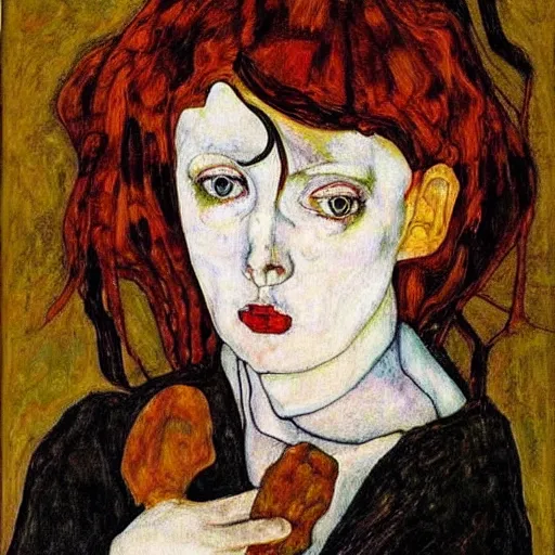 Image similar to goth girl, oil painting by Egon Schiele, masterpiece