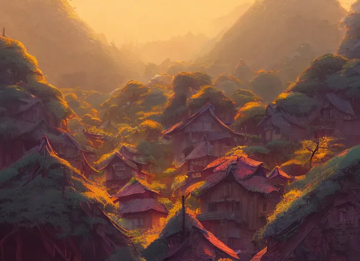 Image similar to concept art painting of a small woodland village in a valley seen from above, european japanese buildings, early morning, cel shaded, detailed, realistic, by makoto shinkai and moebius and anton fadeev and james gurney