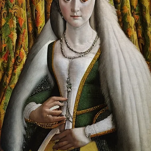 Image similar to portrait of a white with white fur as an italian queen, painting by botticelli, 1 4 8 0 s