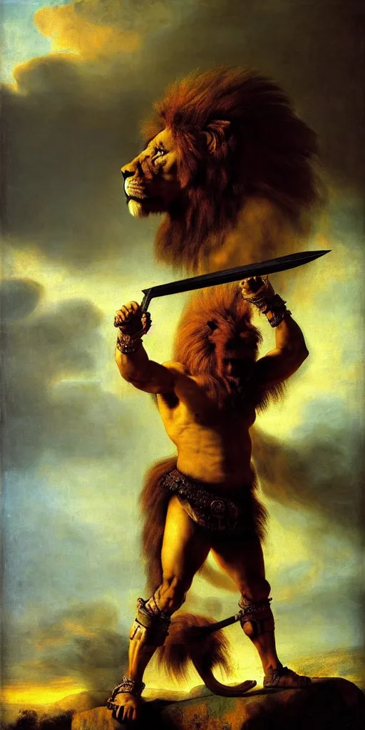 Prompt: muscular lion as barbarian hunter wearing chest armor , full body human legs , backlight body , extreme very textured detailed panoramic portrait oil painting by rembrandt, sunset, dramatic clouds and cyan atmosphere